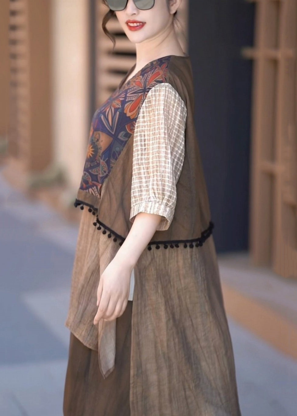 Vintage Coffee V Neck Low High Design Patchwork Silk Two Piece Set Half Sleeve