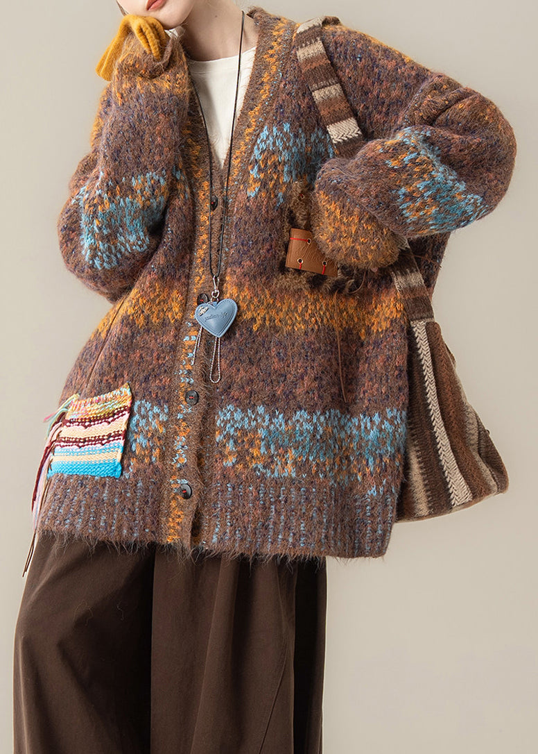 Vintage Coffee V Neck Pockets Cotton Knit Cardigans Fall