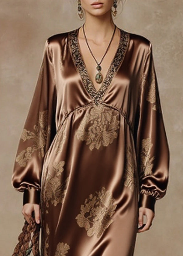 Vintage Coffee V Neck Tasseled Print Silk Long Dresses Spring