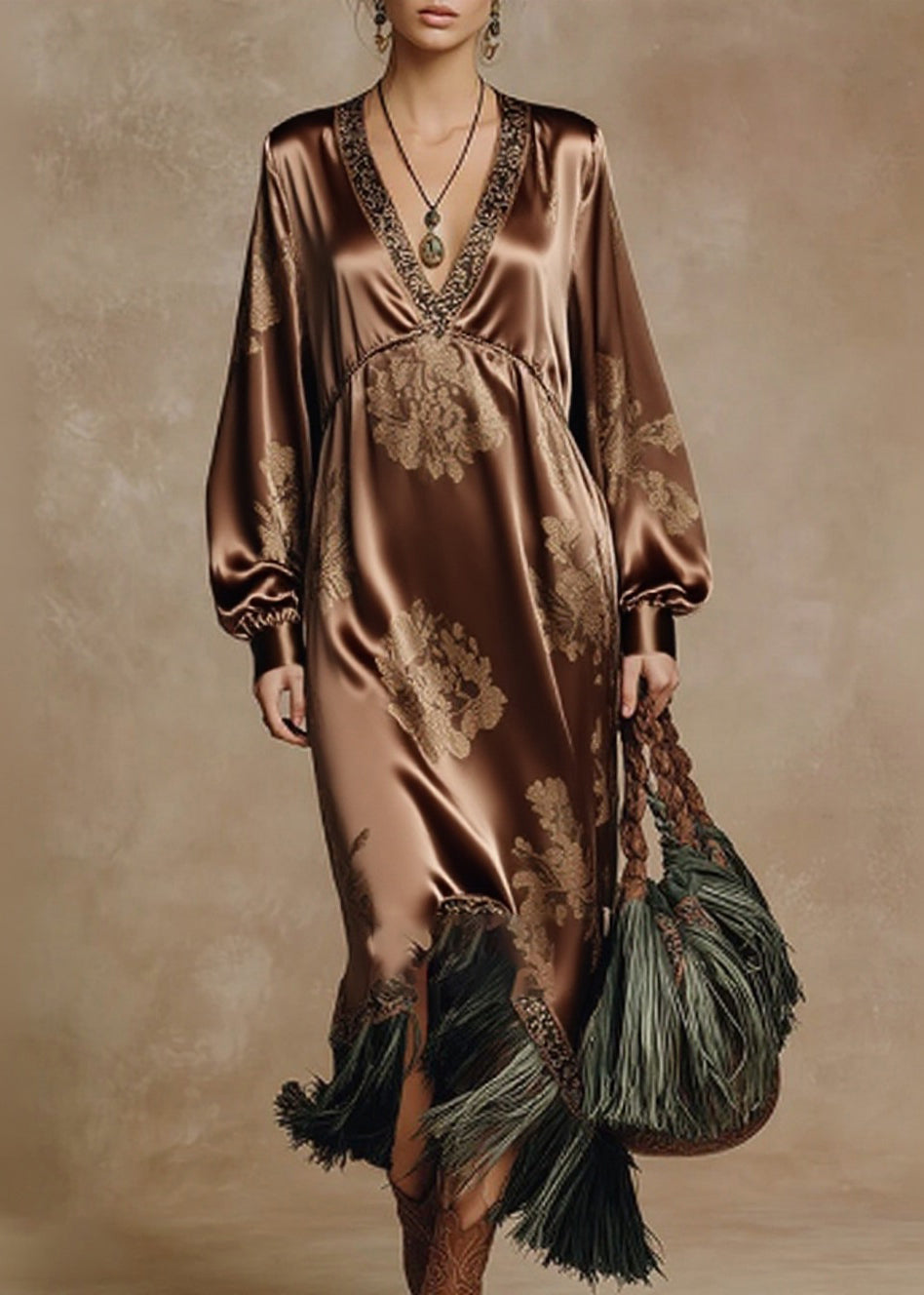 Vintage Coffee V Neck Tasseled Print Silk Long Dresses Spring