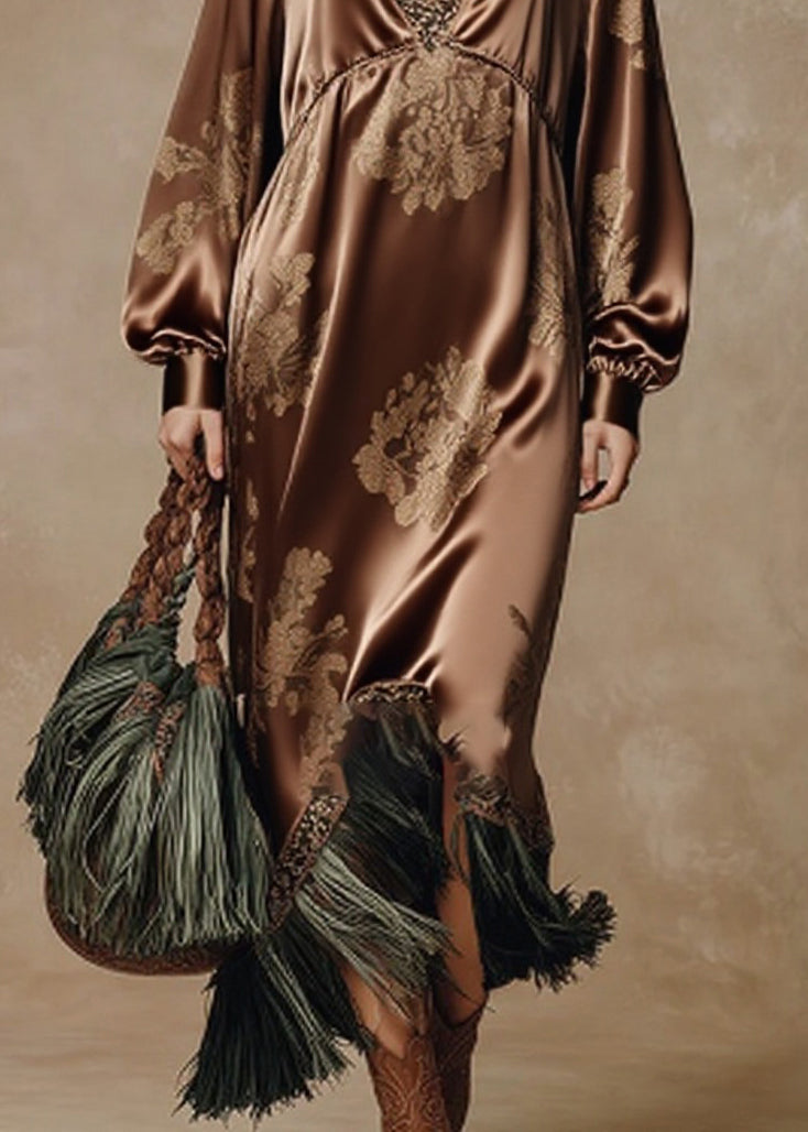 Vintage Coffee V Neck Tasseled Print Silk Long Dresses Spring