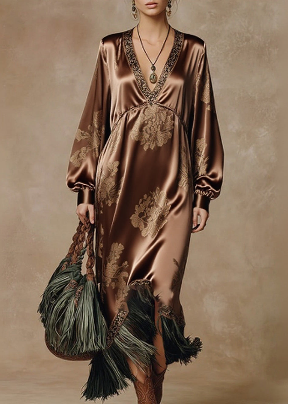 Vintage Coffee V Neck Tasseled Print Silk Long Dresses Spring