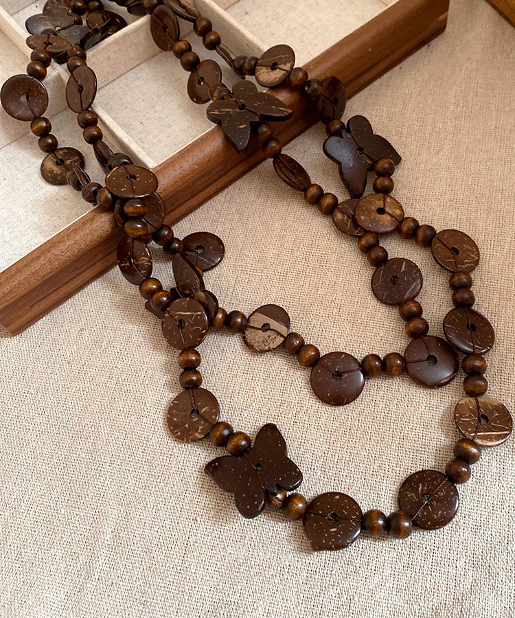 Vintage Coffee Wooden Coconut Shell Beading Sweater Gratuated Bead Necklace