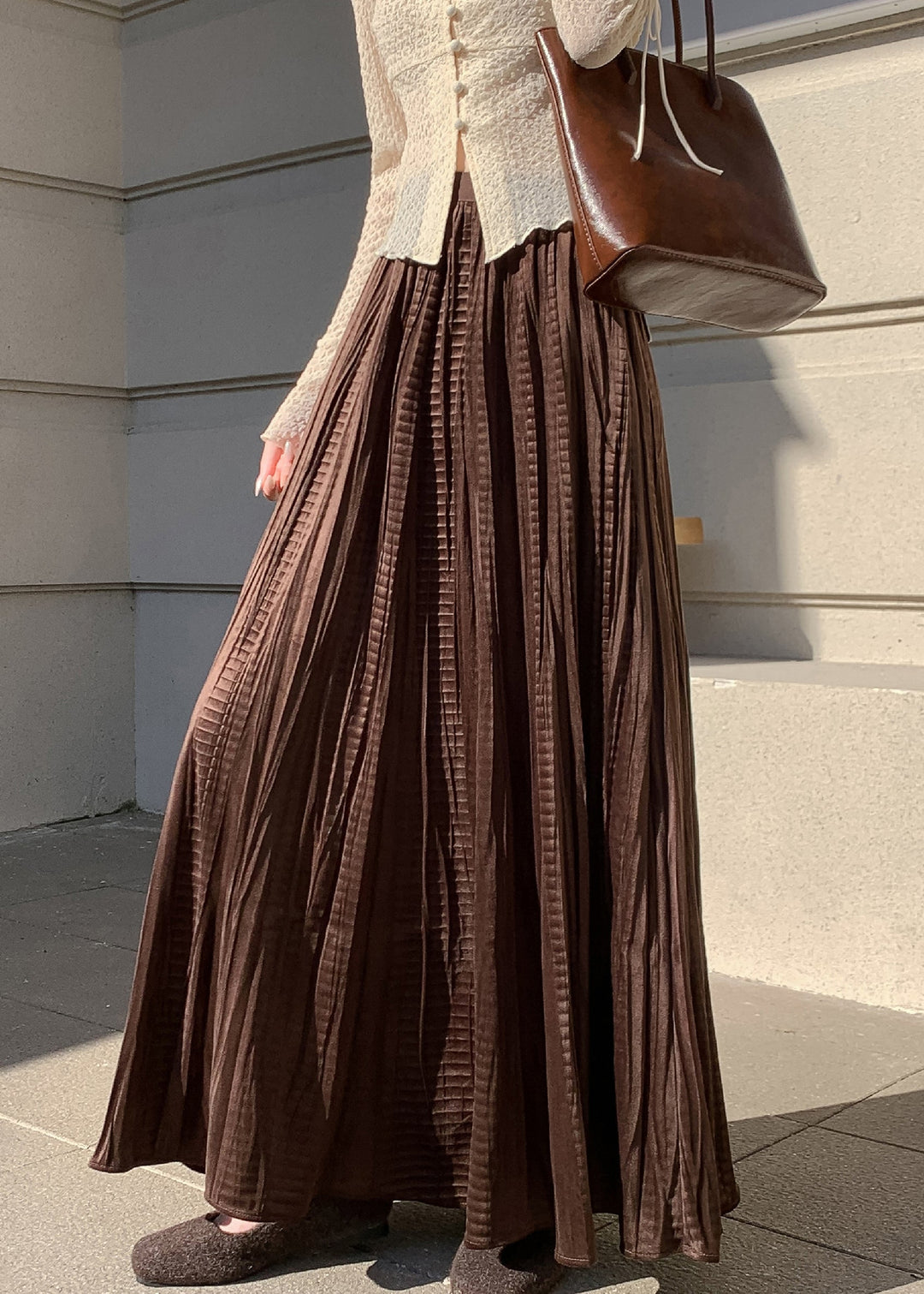 Vintage Coffee Wrinkled Elastic Waist Silk Velvet Skirt Winter