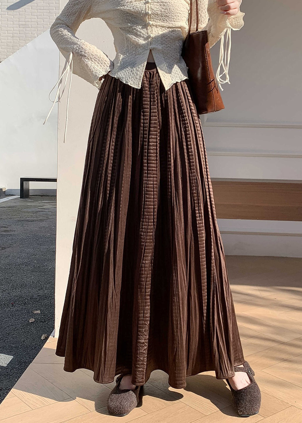 Vintage Coffee Wrinkled Elastic Waist Silk Velvet Skirt Winter