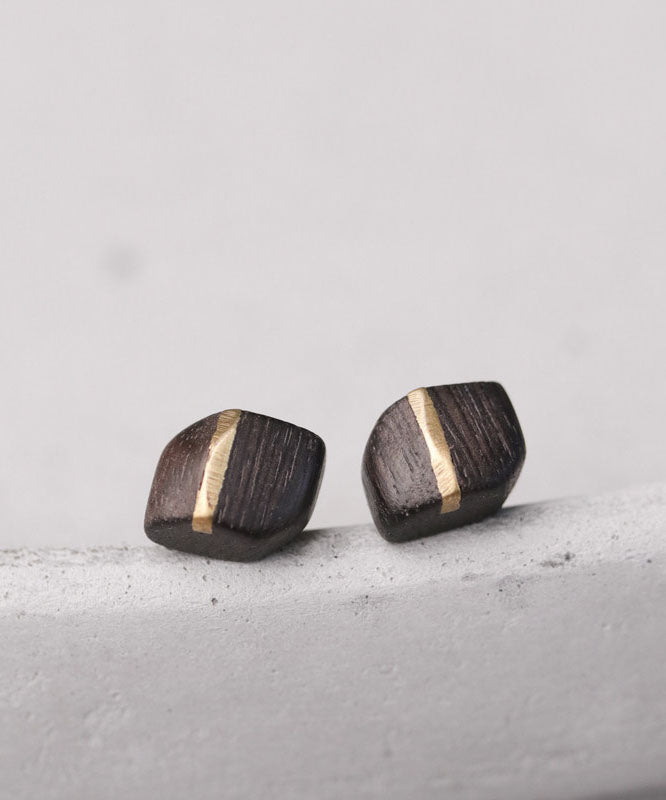Vintage Creative Copper Inlaid Wood Irregular Stud Earrings
