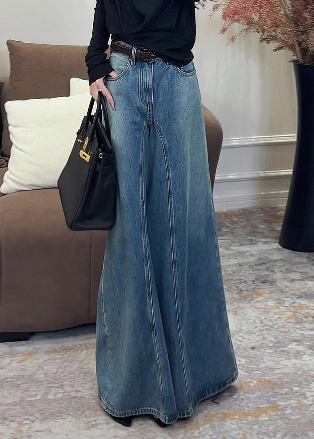 Vintage Dark Blue High Waist Pockets Draping Wide Leg Jeans Summer