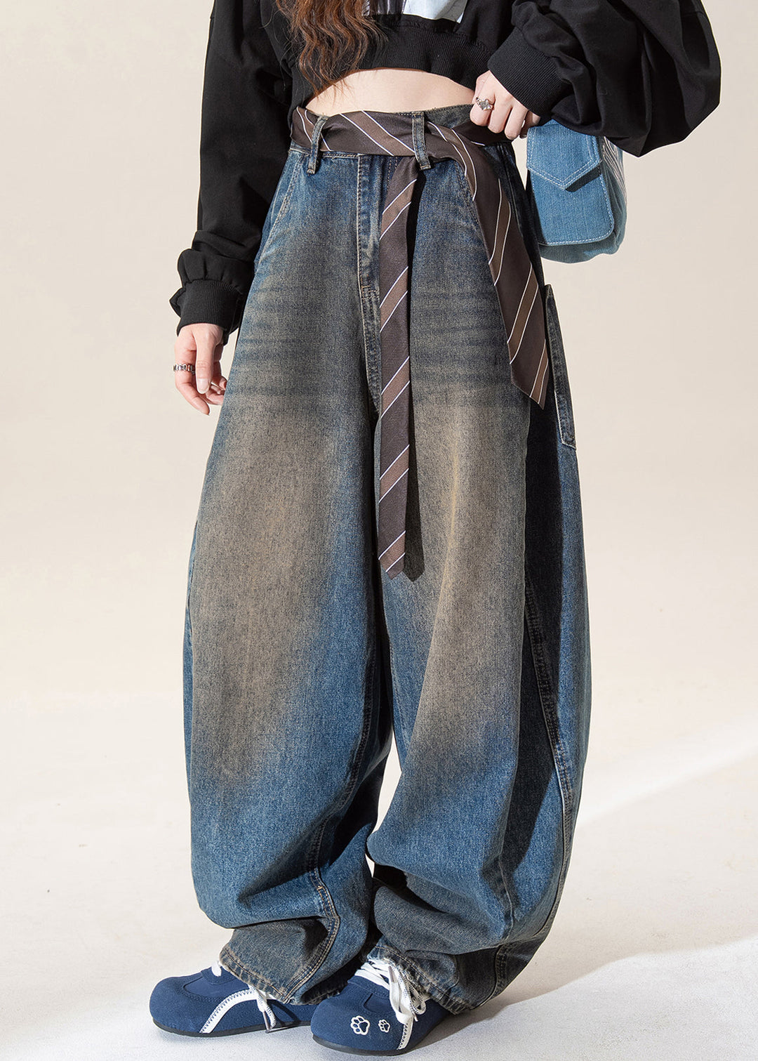 Vintage Dark Blue High Waist Pockets Wide Leg Jeans Fall