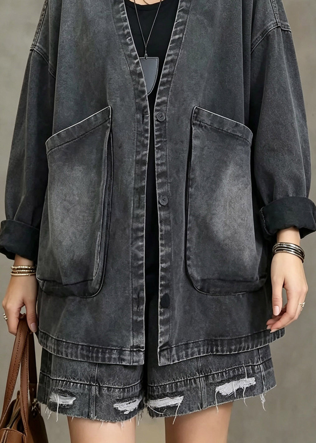 Vintage Dark Grey V Neck Pockets Denim Coat Fall