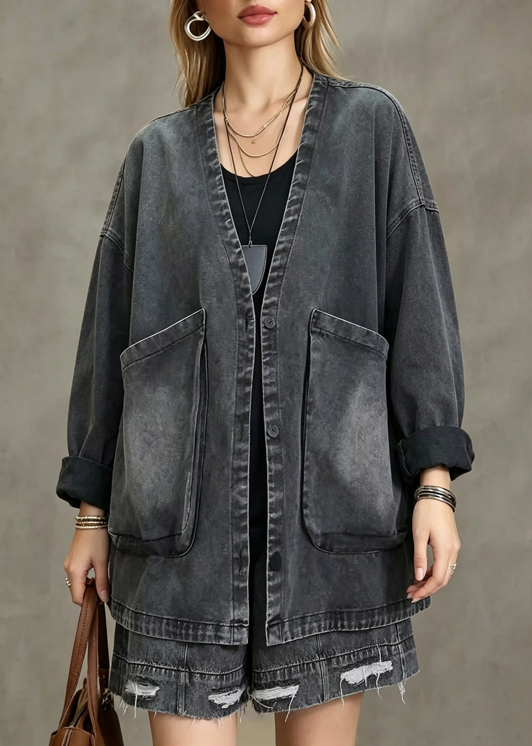 Vintage Dark Grey V Neck Pockets Denim Coat Fall