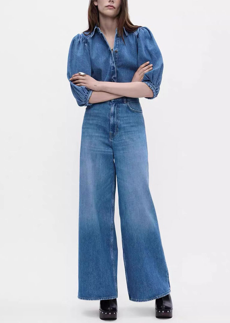 Vintage Denim Blue Button Shirts And Pants Two Pieces Set Half Sleeve