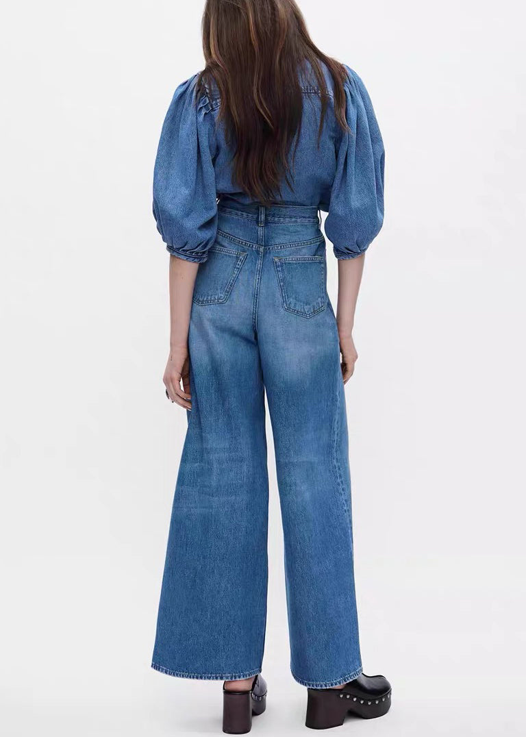 Vintage Denim Blue Button Shirts And Pants Two Pieces Set Half Sleeve