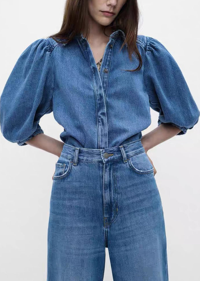 Vintage Denim Blue Button Shirts And Pants Two Pieces Set Half Sleeve