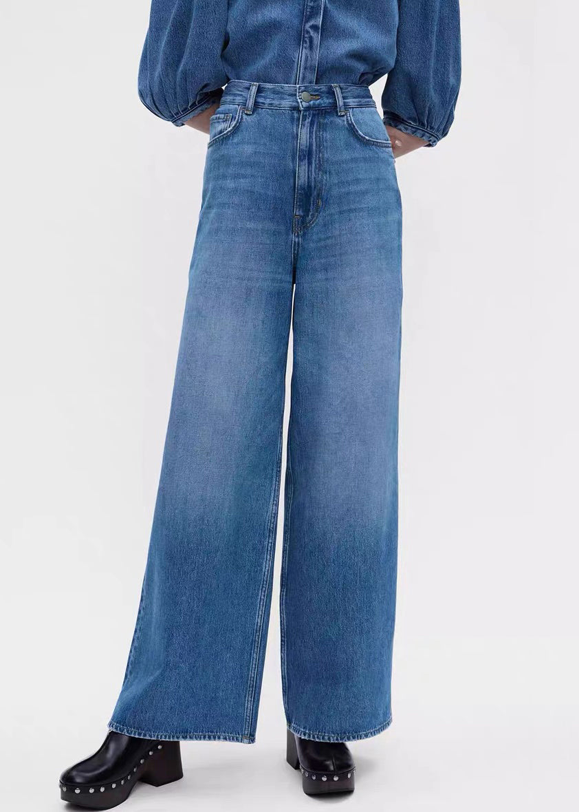 Vintage Denim Blue Button Shirts And Pants Two Pieces Set Half Sleeve