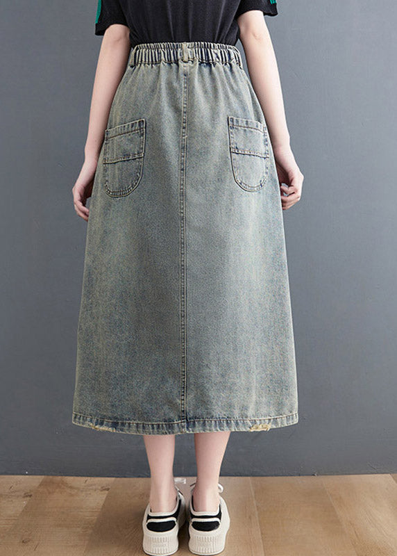 Vintage Denim Blue Hole Elastic Waist A Line Skirts Summer