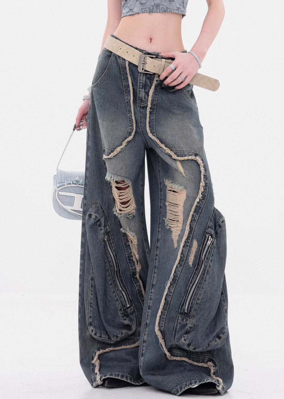 Vintage Denim Blue Hole Zippered High Waist Wide Leg Pants Fall