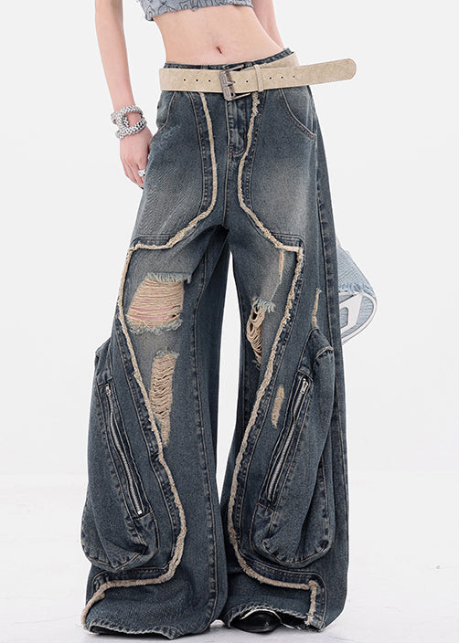 Vintage Denim Blue Hole Zippered High Waist Wide Leg Pants Fall