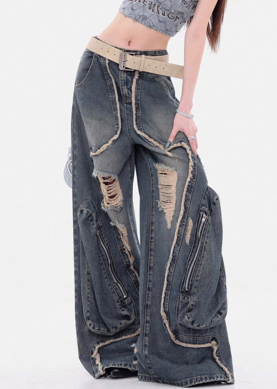 Vintage Denim Blue Hole Zippered High Waist Wide Leg Pants Fall