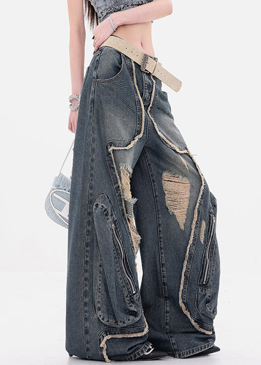 Vintage Denim Blue Hole Zippered High Waist Wide Leg Pants Fall