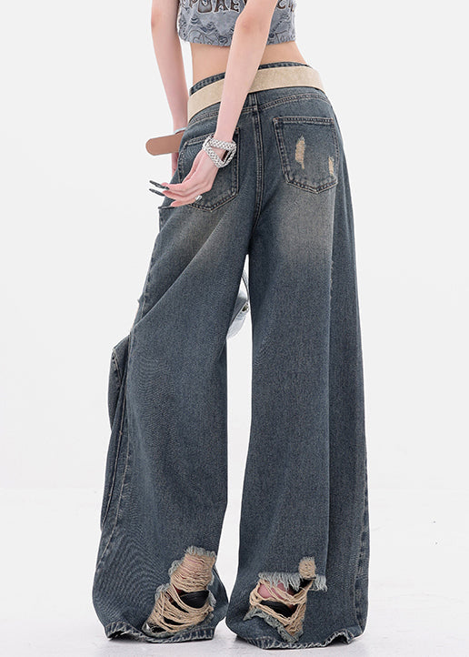Vintage Denim Blue Hole Zippered High Waist Wide Leg Pants Fall