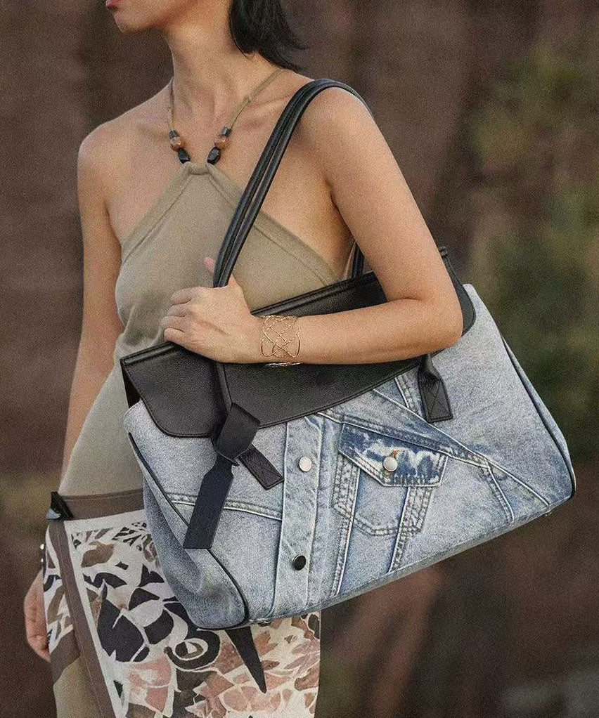 Vintage Denim Blue Patchwork Leather Large Capacity Shoulder Bags