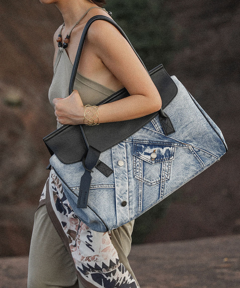 Vintage Denim Blue Patchwork Leather Large Capacity Shoulder Bags