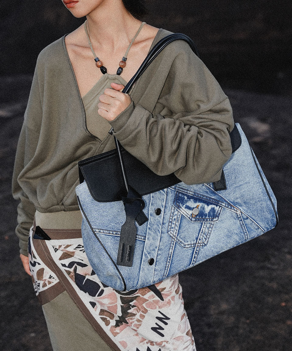 Vintage Denim Blue Patchwork Leather Large Capacity Shoulder Bags