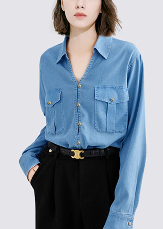 Vintage Denim Blue Peter Pan Collar Button Solid Shirt Fall