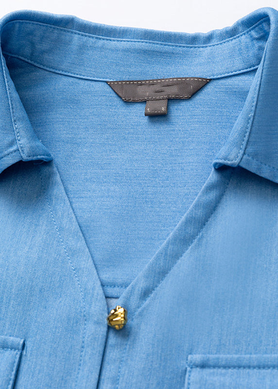 Vintage Denim Blue Peter Pan Collar Button Solid Shirt Fall