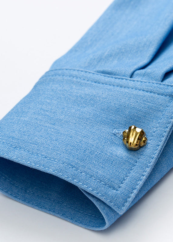 Vintage Denim Blue Peter Pan Collar Button Solid Shirt Fall