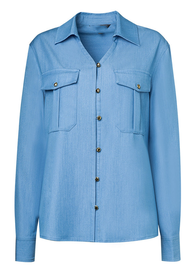 Vintage Denim Blue Peter Pan Collar Button Solid Shirt Fall