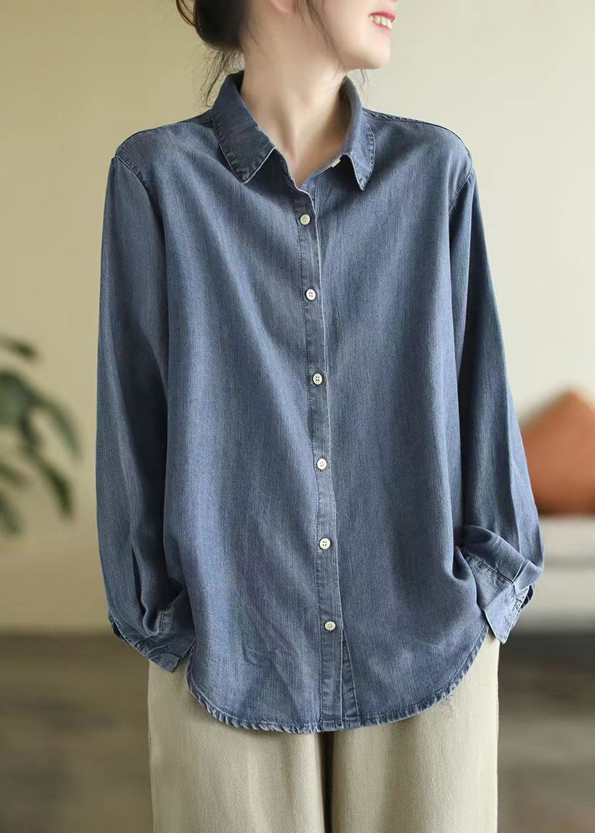 Vintage Denim Blue Peter Pan Collar Patchwork Button Shirt Long Sleeve