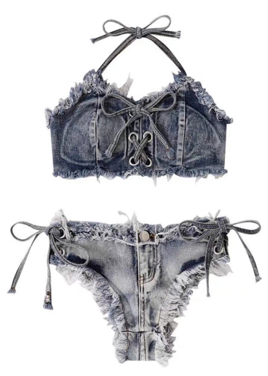 Vintage Denim BluePatchwork Tie Waist Lingerie Set