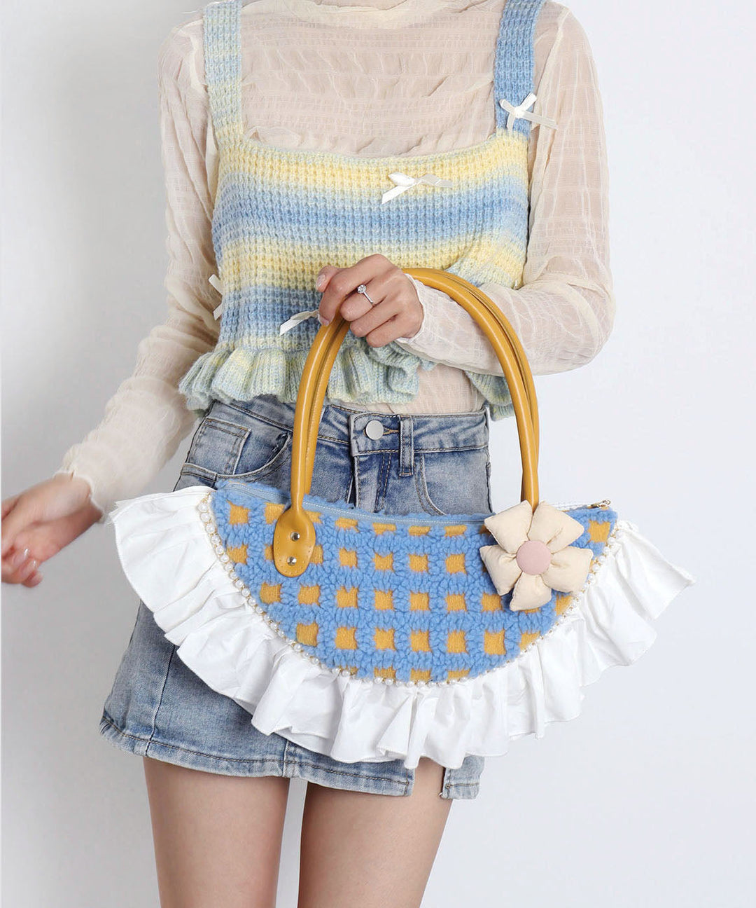 Vintage Fan-shaped Patchwork Ruffles Wool Tote Bag