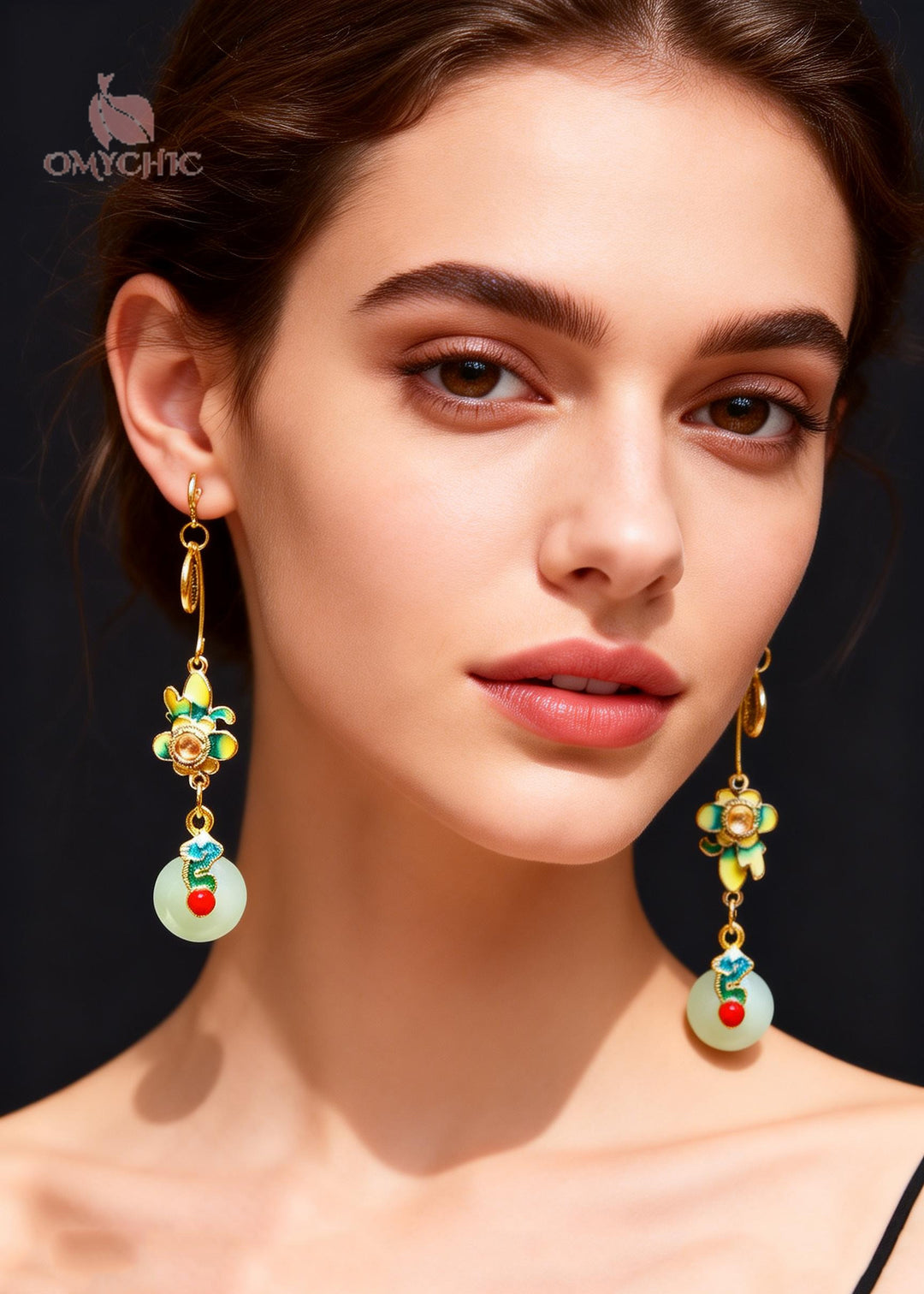 Vintage Flower Paintings With Fu Pai Fine Jade Drop Earrings