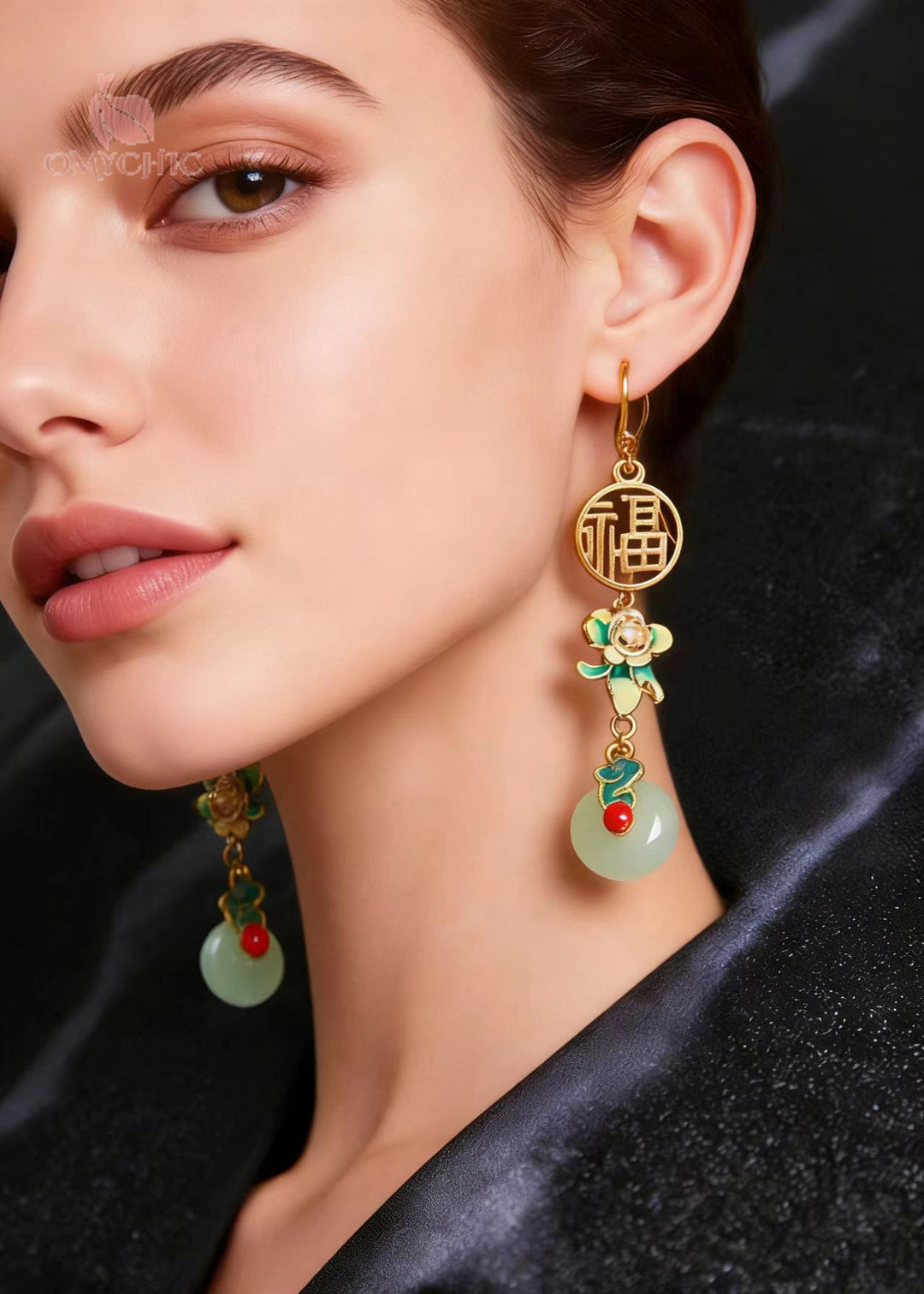 Vintage Flower Paintings With Fu Pai Fine Jade Drop Earrings