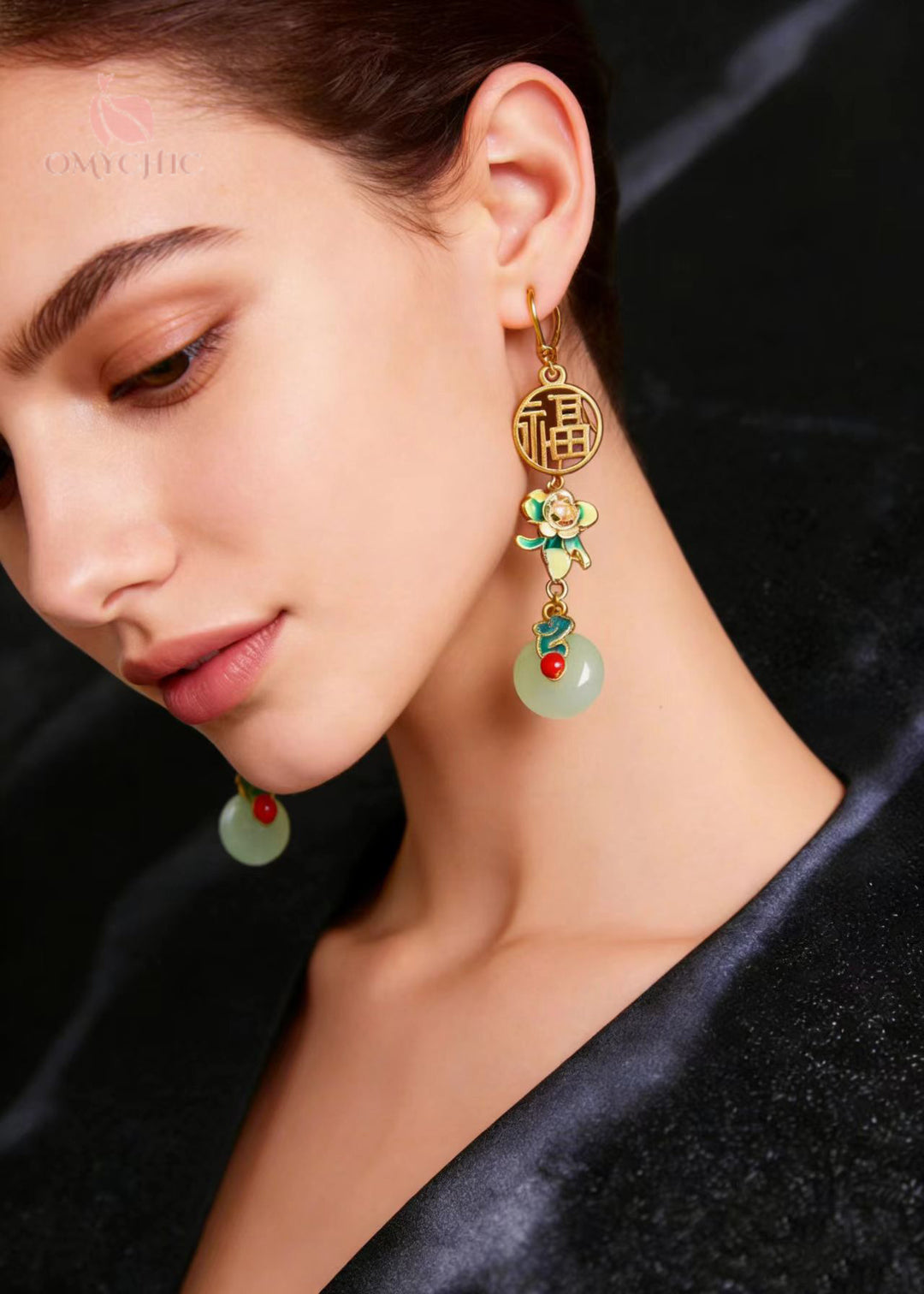 Vintage Flower Paintings With Fu Pai Fine Jade Drop Earrings