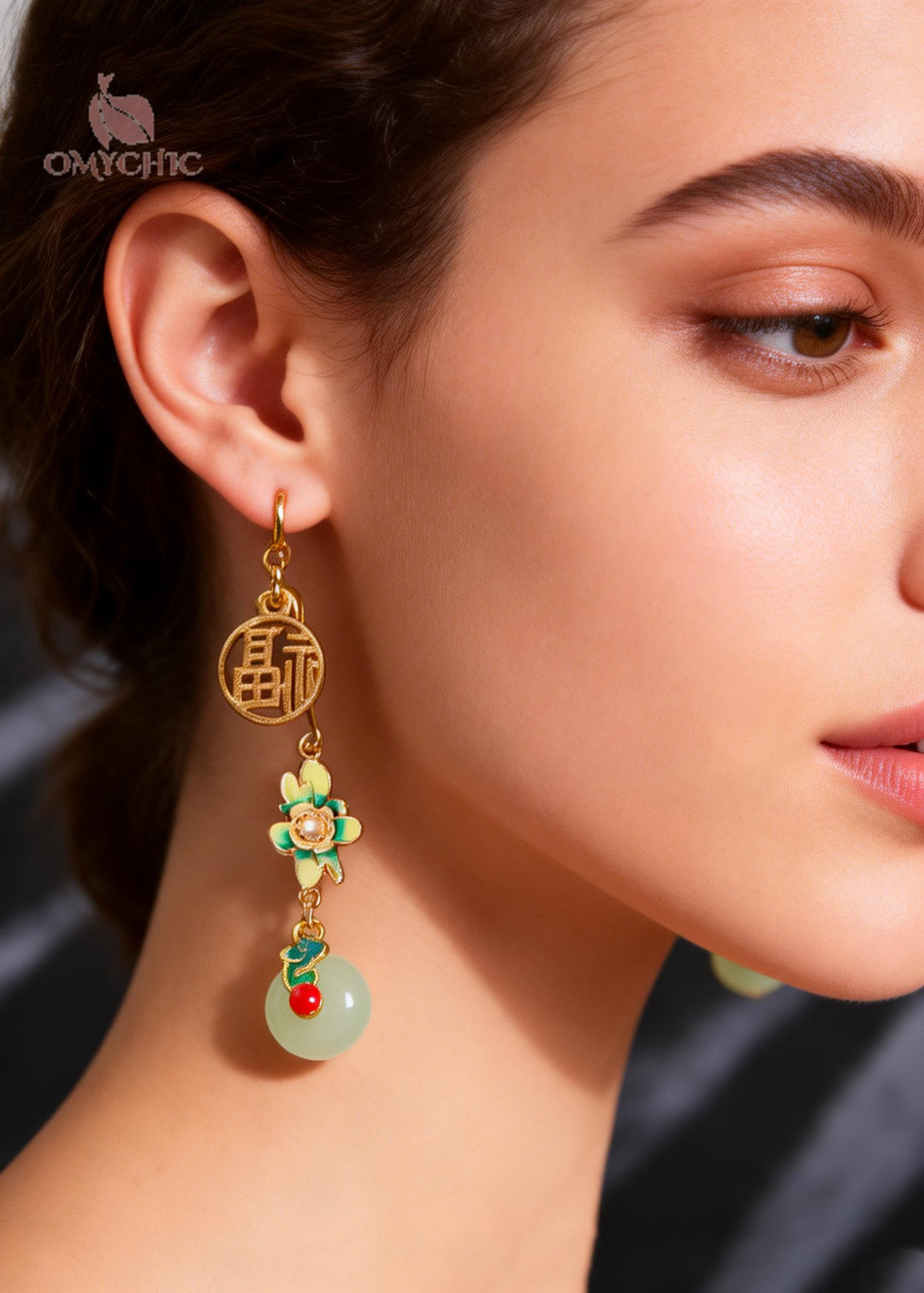 Vintage Flower Paintings With Fu Pai Fine Jade Drop Earrings