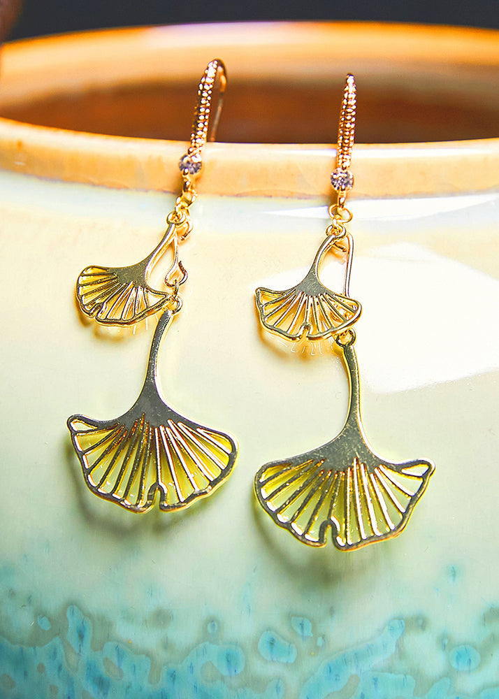 Vintage Ginkgo Leaf 14K Gold Zircon Drop Earrings