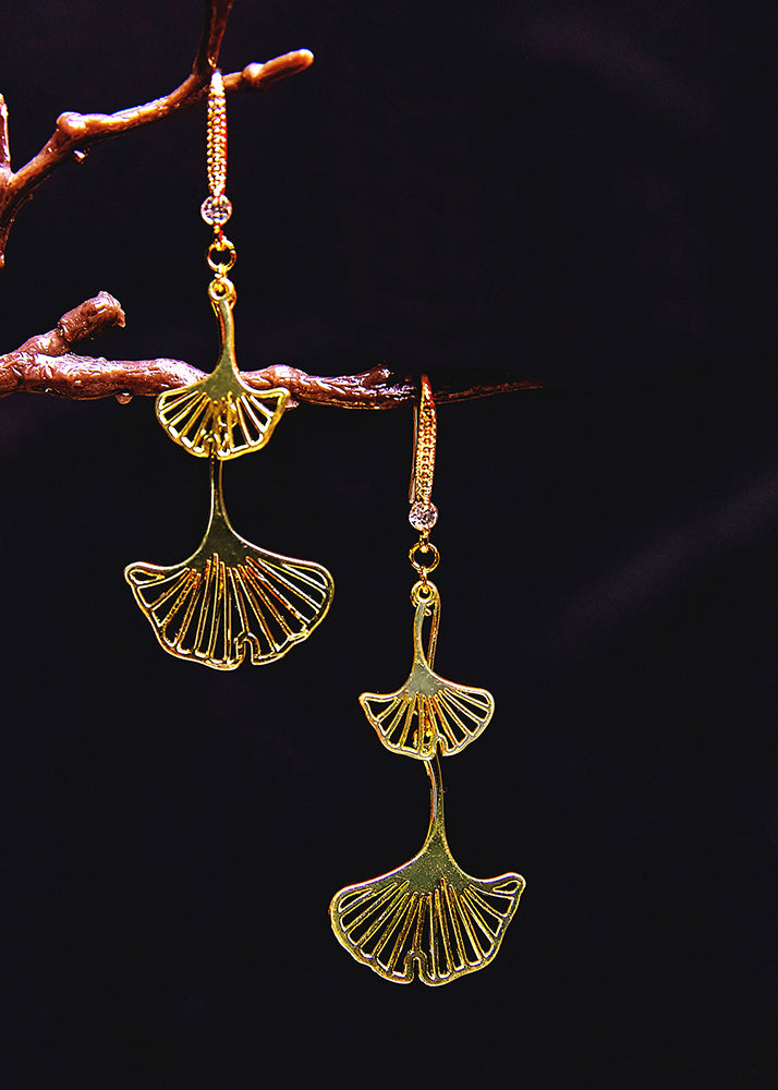 Vintage Ginkgo Leaf 14K Gold Zircon Drop Earrings