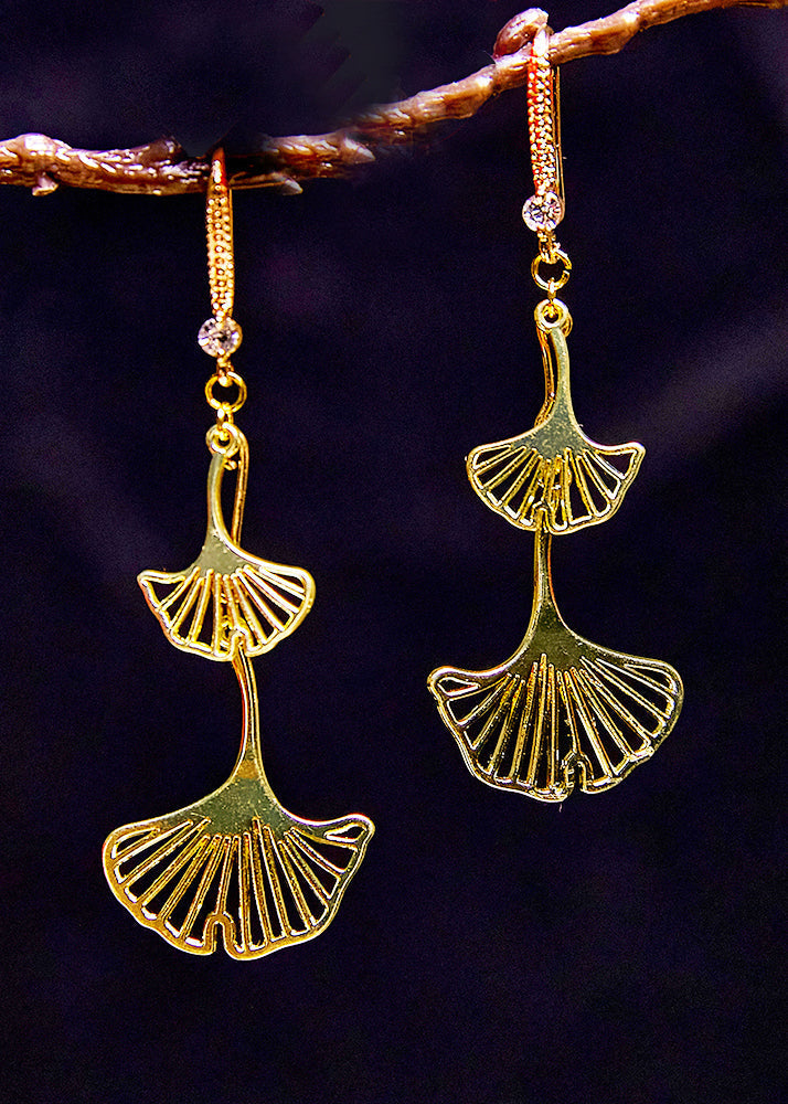 Vintage Ginkgo Leaf 14K Gold Zircon Drop Earrings - Omychic