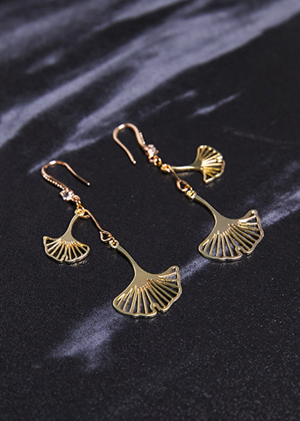 Vintage Ginkgo Leaf 14K Gold Zircon Drop Earrings