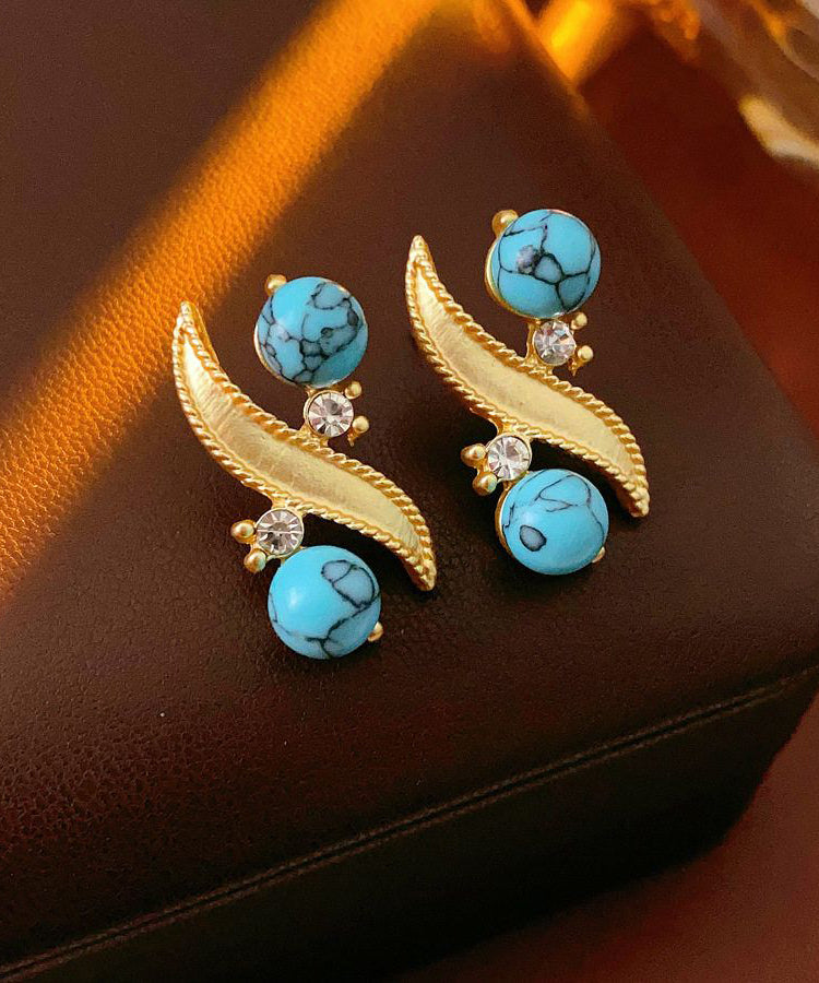Vintage Gold Alloy Zircon Turquoise Stud Earrings
