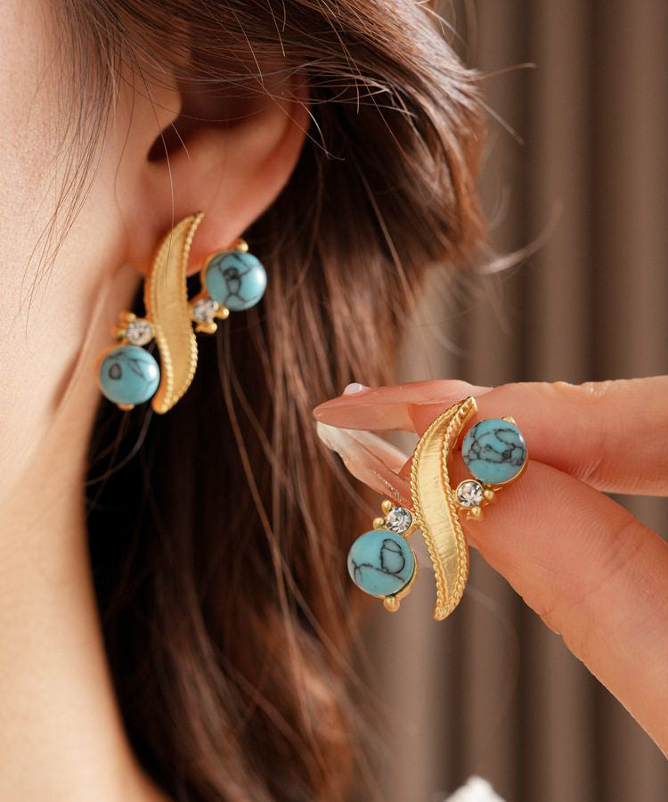 Vintage Gold Alloy Zircon Turquoise Stud Earrings