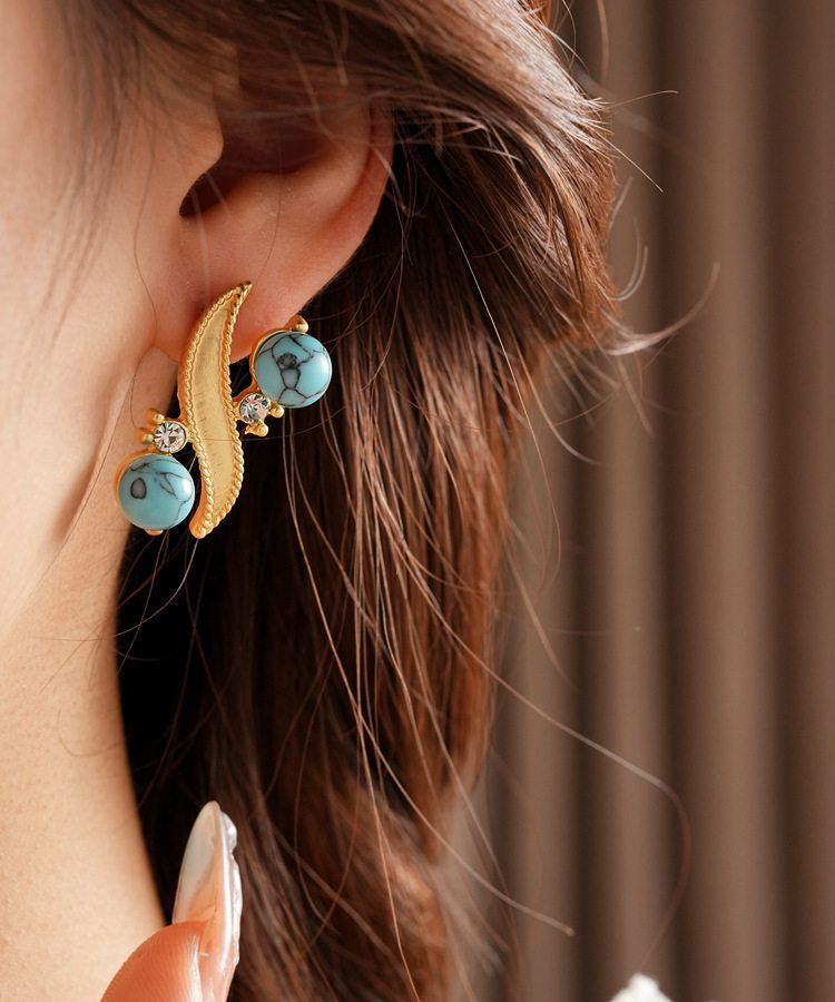 Vintage Gold Alloy Zircon Turquoise Stud Earrings