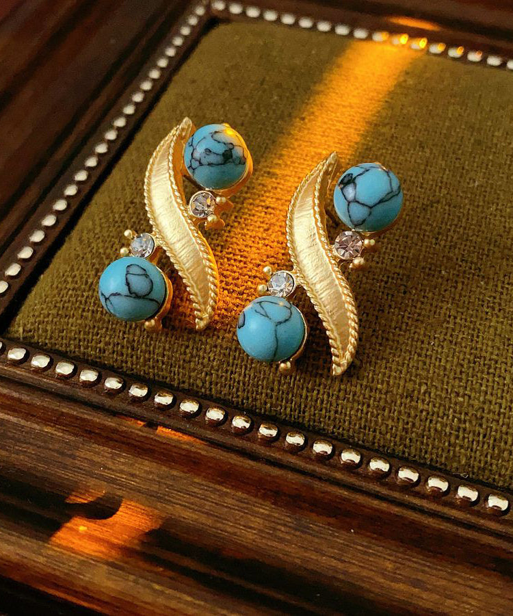 Vintage Gold Alloy Zircon Turquoise Stud Earrings