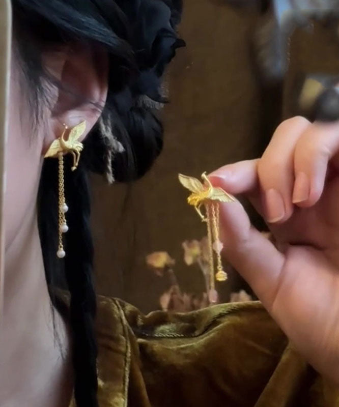 Vintage Gold Copper Alloy Crane Tassel Drop Earrings