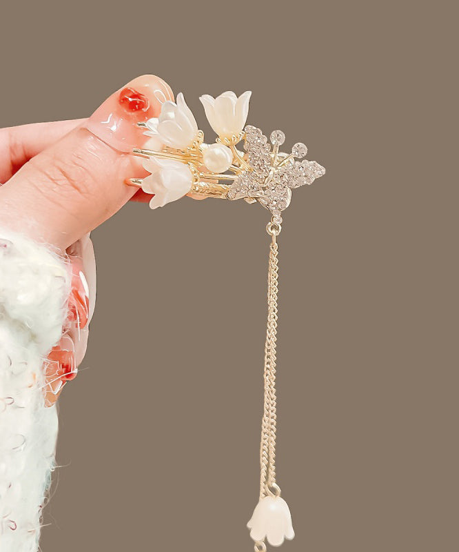 Vintage Gold Copper Alloy Zircon Ringflower Tassel Hairpin