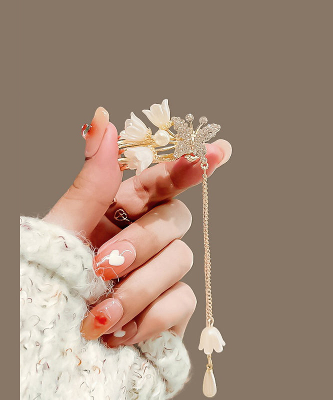Vintage Gold Copper Alloy Zircon Ringflower Tassel Hairpin