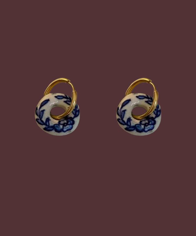 Vintage Gold Copper Overgild Ceramics Floral Hoop Earrings